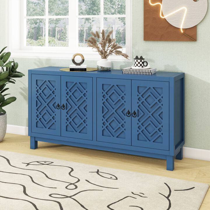 Large Storage Space Sideboard, 4 Door Buffet Cabinet with PUll Ring Handles for Living Room, Dining Room (Navy)