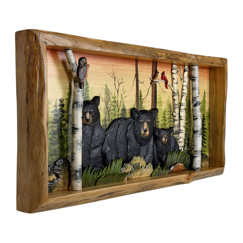 Rustic Bear Family in Woods Intarsia Wood Wall Sculpture 35.5x18 Indoor image number 1