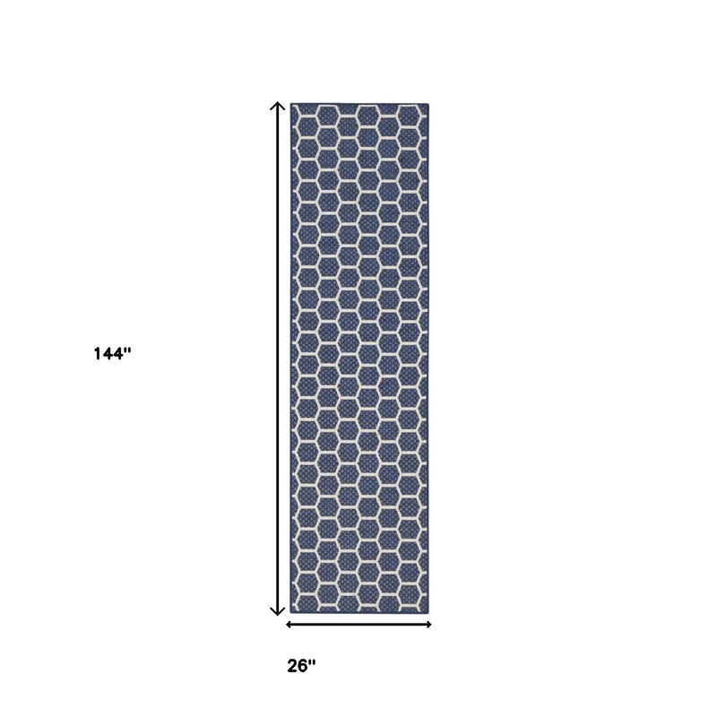 HomeRoots 12' Navy Blue And Ivory Geometric Indoor Outdoor Runner Rug image number 3