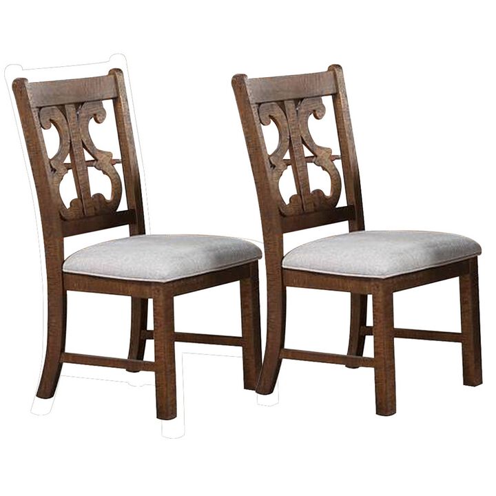 Side Chair with Fabric Seat and Cut Out Backrest, Set of 2, Brown-Benzara