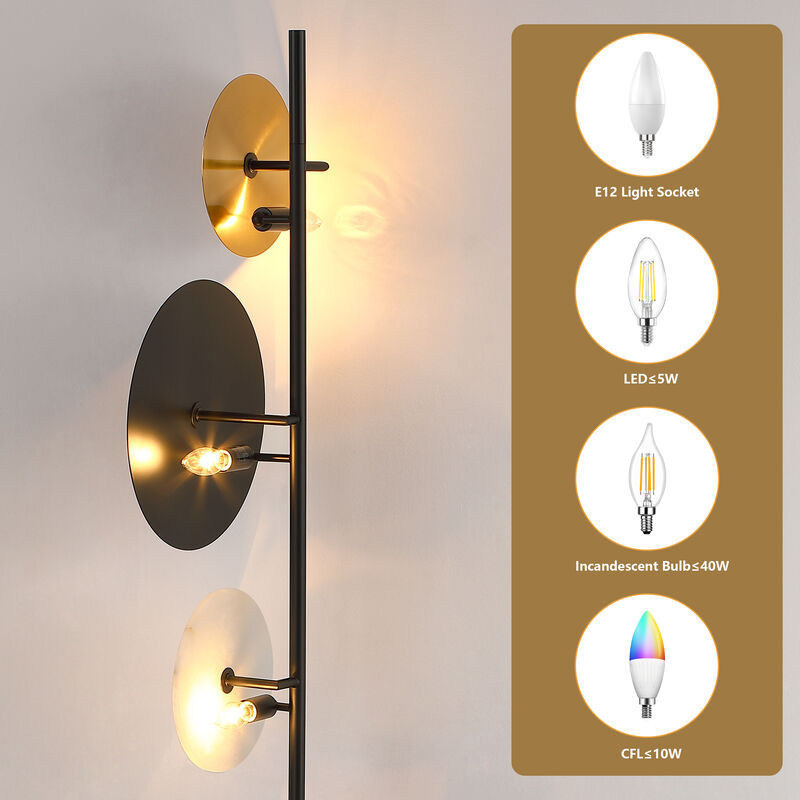 62.72 in. Mid-Century Modern 3-Light Black and Brass Floor Lamp image number 4