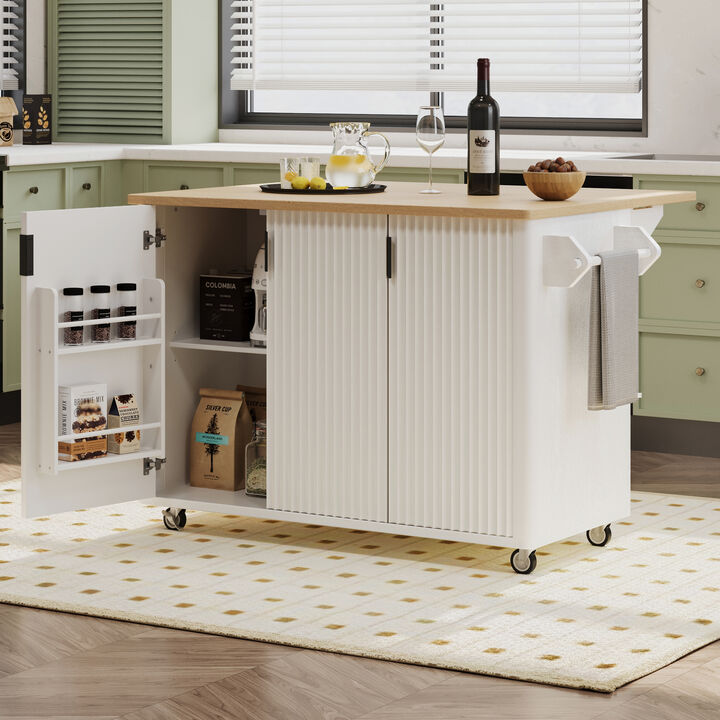 Whisen 51" Farmhouse Kitchen Island on Wheels with 3 Doors, MDF/Pine Wood for Kitchen