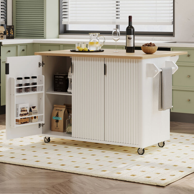 Whisen 51" Farmhouse Kitchen Island on Wheels with 3 Doors, MDF/Pine Wood for Kitchen image number 1