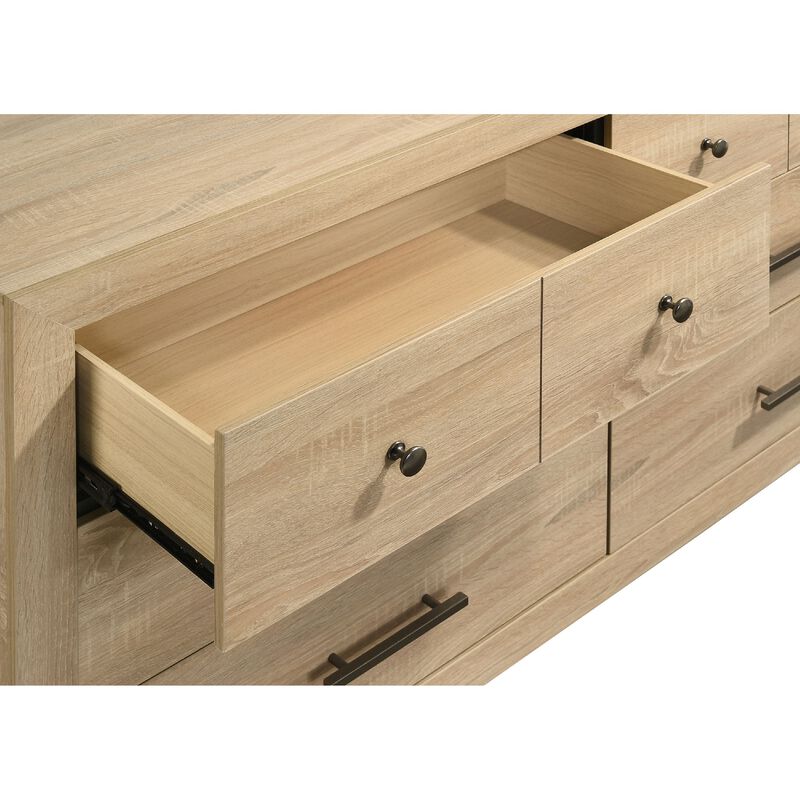 Poxy Wide Dresser with 6 Drawers, Nickel Metal, Oak Brown Wood image number 5