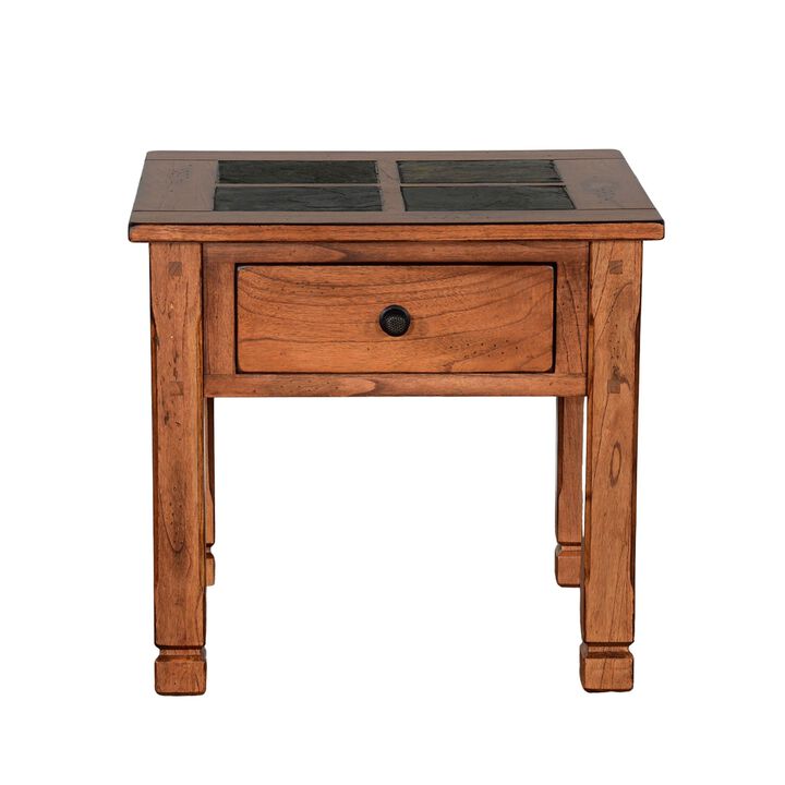 Marv Side End Table w Drawer, 26 Inch Square Slate Inlay Top, Brown