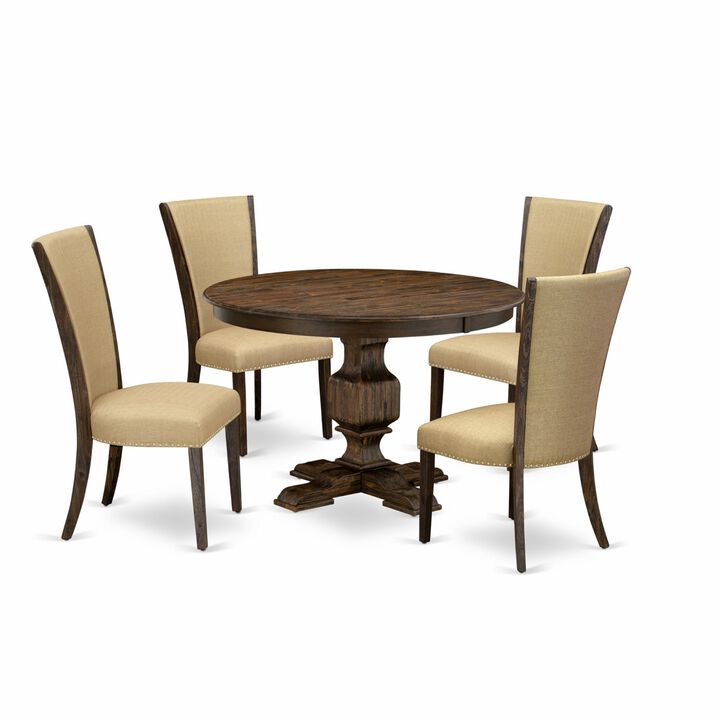 East West Furniture F3VE5-703 5Pc Dining Room Set - Round Table and 4 Parson Chairs - Distressed Jacobean Color