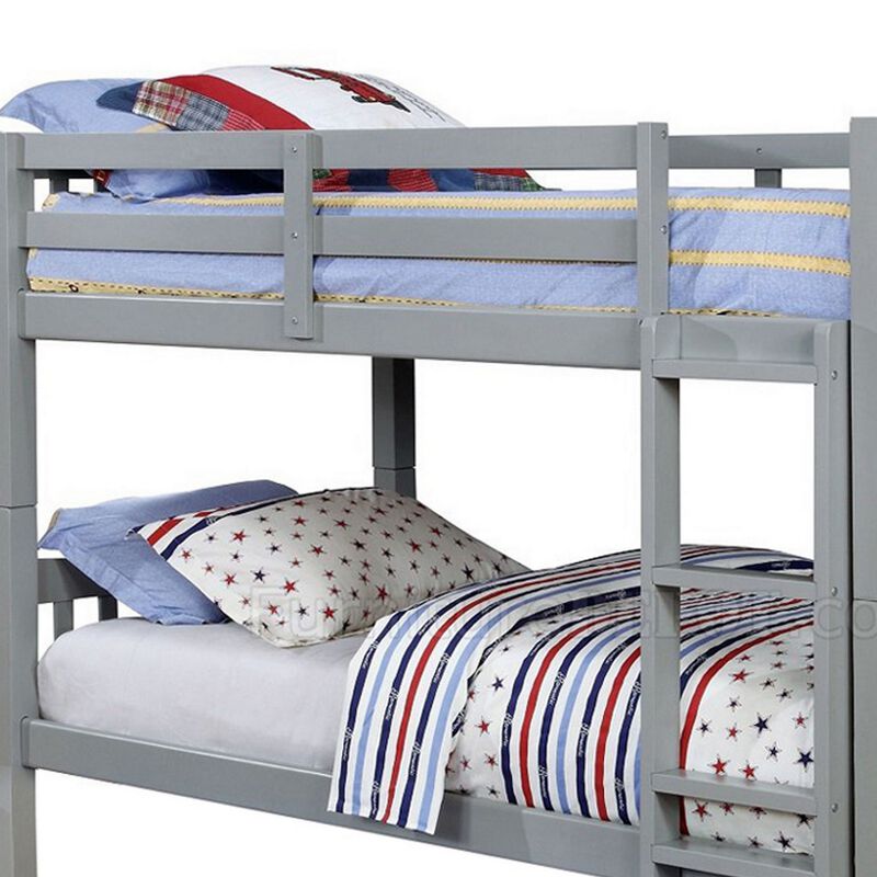 Slatted Twin Over Twin Bunk Bed with Attached Ladder, Gray-Benzara