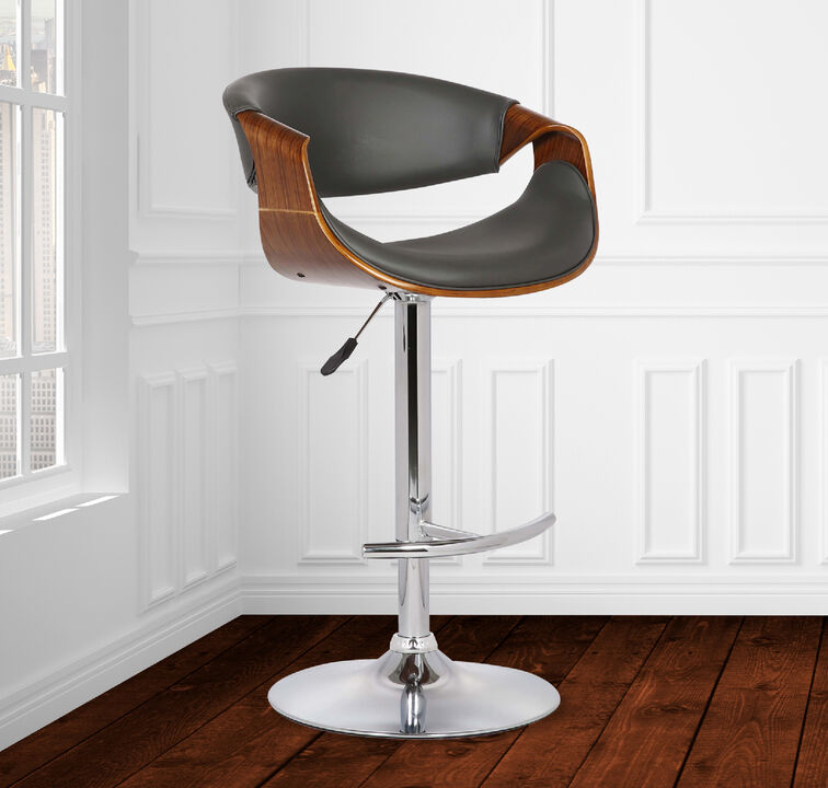 Butterfly Adjustable Height Swivel Grey Faux Leather and Walnut Wood Stool with Chrome Base