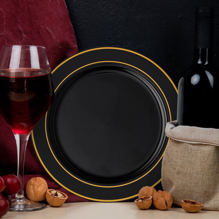 10.25" Black with Gold Edge Rim Plastic Dinner Plates (120 Plates)
