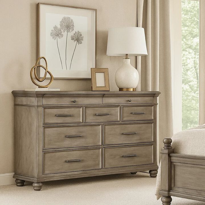Zea Wide Dresser, 9 Drawers w Chrome Handle, Bun Feet, Aged Oak Brown