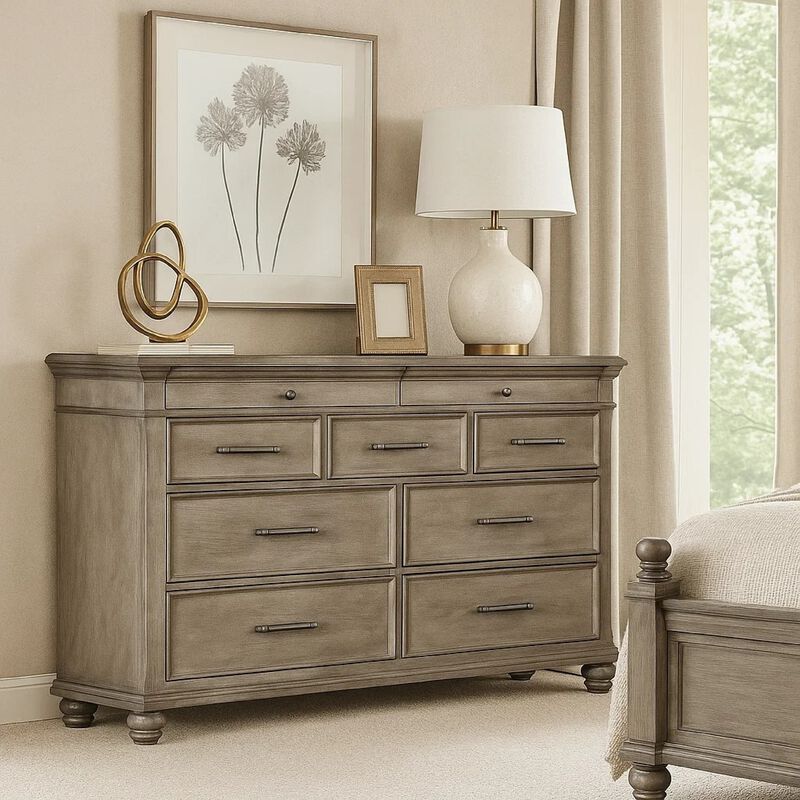 Zea Wide Dresser, 9 Drawers w Chrome Handle, Bun Feet, Aged Oak Brown image number 1