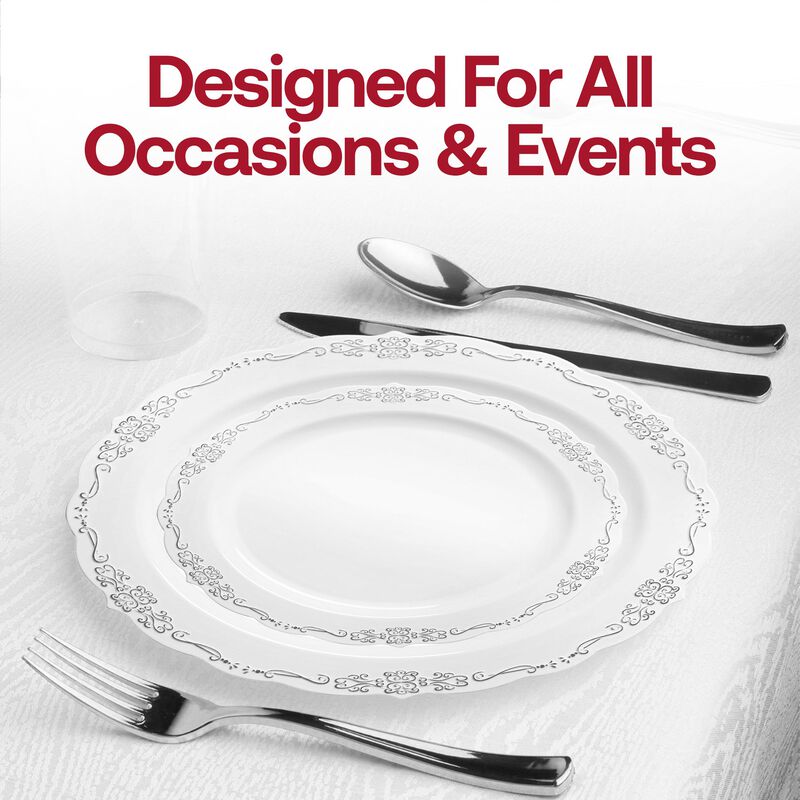 White with Silver Vintage Rim Round Plastic Wedding Value Set (30 Sets) image number 6