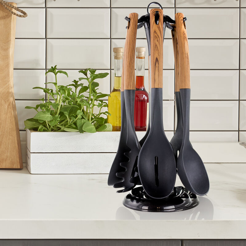MegaChef Black Nylon Cooking Utensils with Wood Design, Set of 7