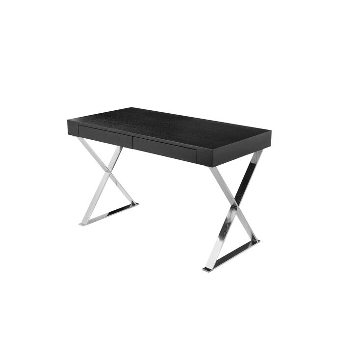 Rix 47 Inch Office Desk, Black Wood Top, 2 Drawers, X Polished Steel Legs - Benzara