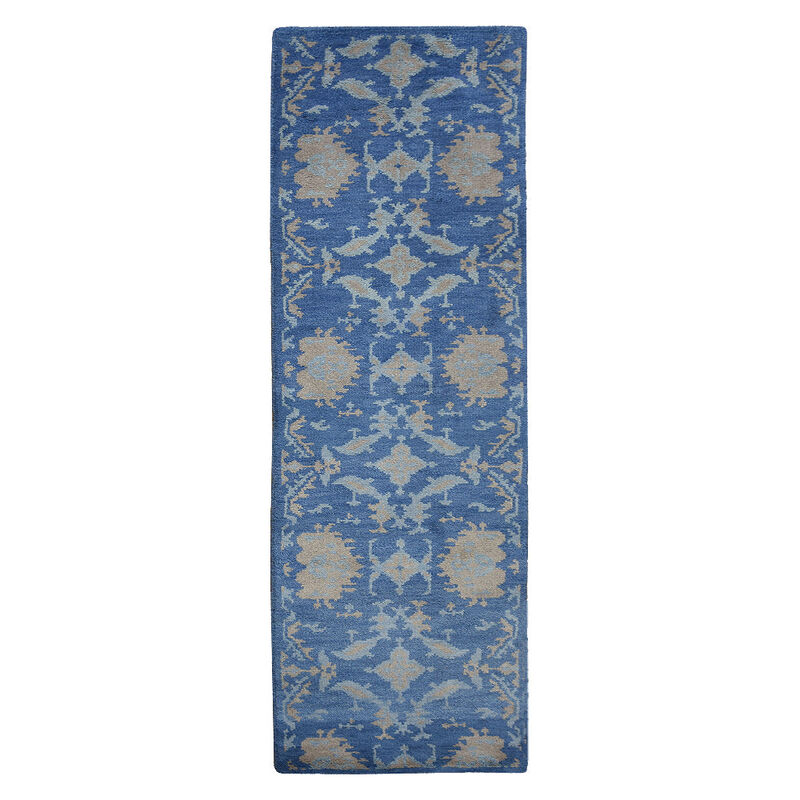 HAND KNOTTED WOOL Floral AREA RUGS  - 2'6''x10', Runner Shape, Blue Color, Floral Modern, Medium Pile Handmade Area Rugs for Living Room, Bed Room (N00908)