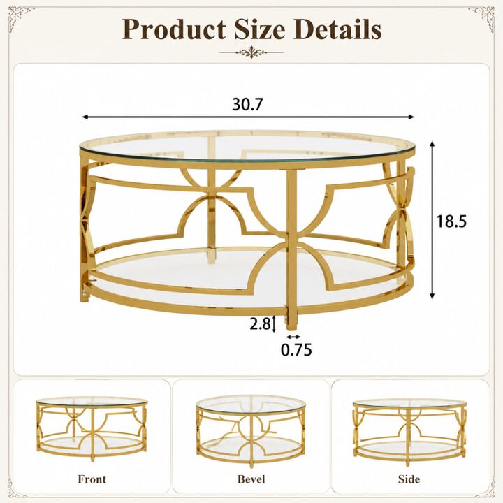 GOODSILO Round Tempered Glass Coffee Table with Geometric Metal Frame, Lower Shelf for Living Rooms and Small Modern Spaces