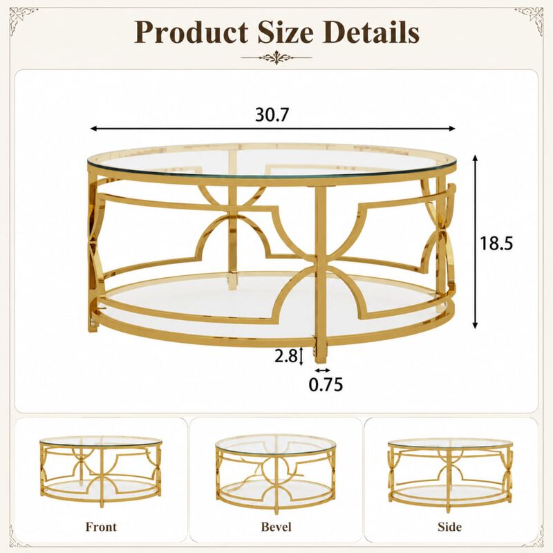 GOODSILO Round Tempered Glass Coffee Table with Geometric Metal Frame, Lower Shelf for Living Rooms and Small Modern Spaces image number 1