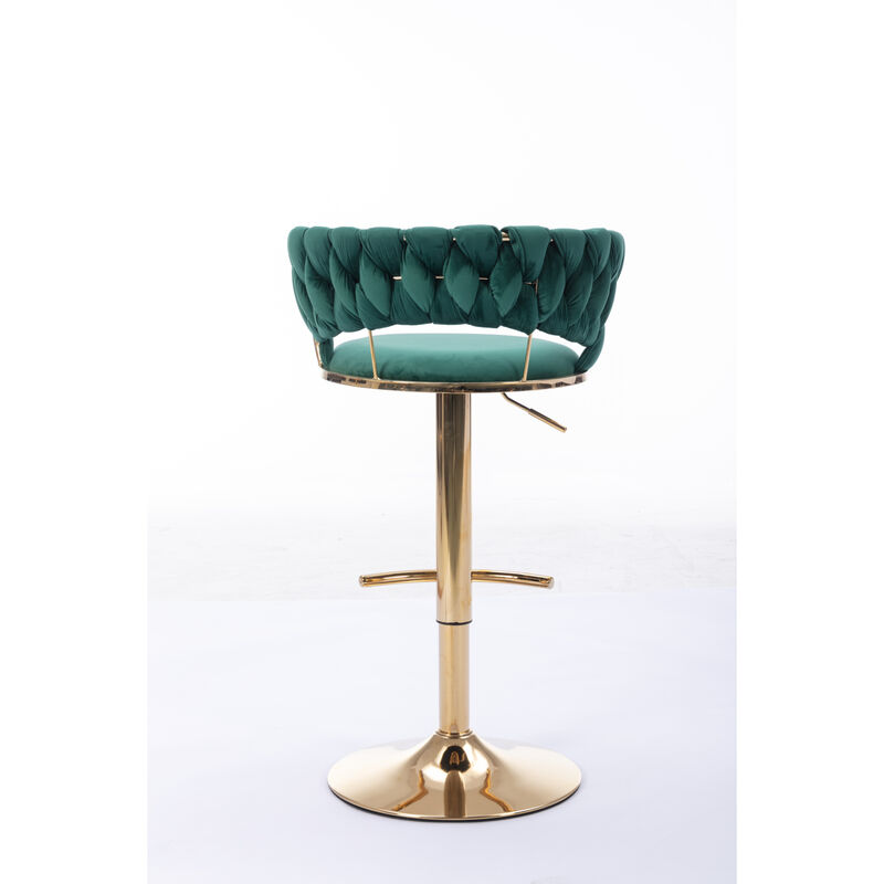 Set of 2 Bar Stools, with Chrome Footrest and Base Swivel Height Adjustable Mechanical Lifting Velvet + Golden Leg Simple Bar Stool-Green