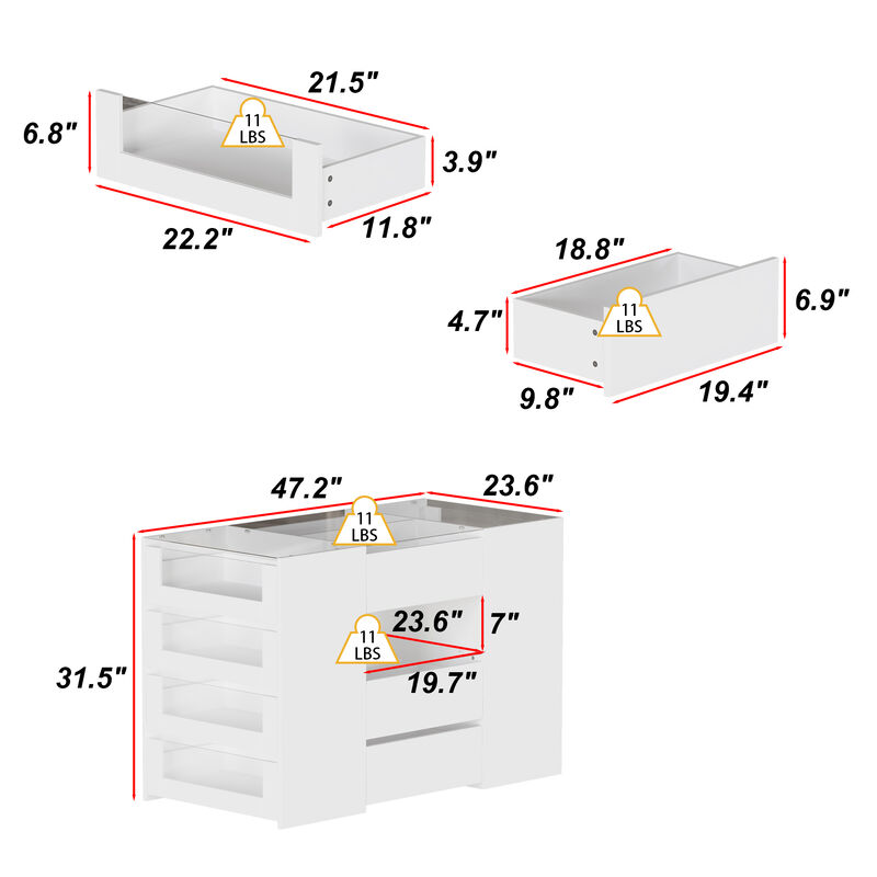 FUFU&GAGA White 14-Drawer Kitchen Island with Wooden Shelf, P2 MDF Construction, and Tempered Glass, (47.2"W x 23.6"D x 31.5"H), White
