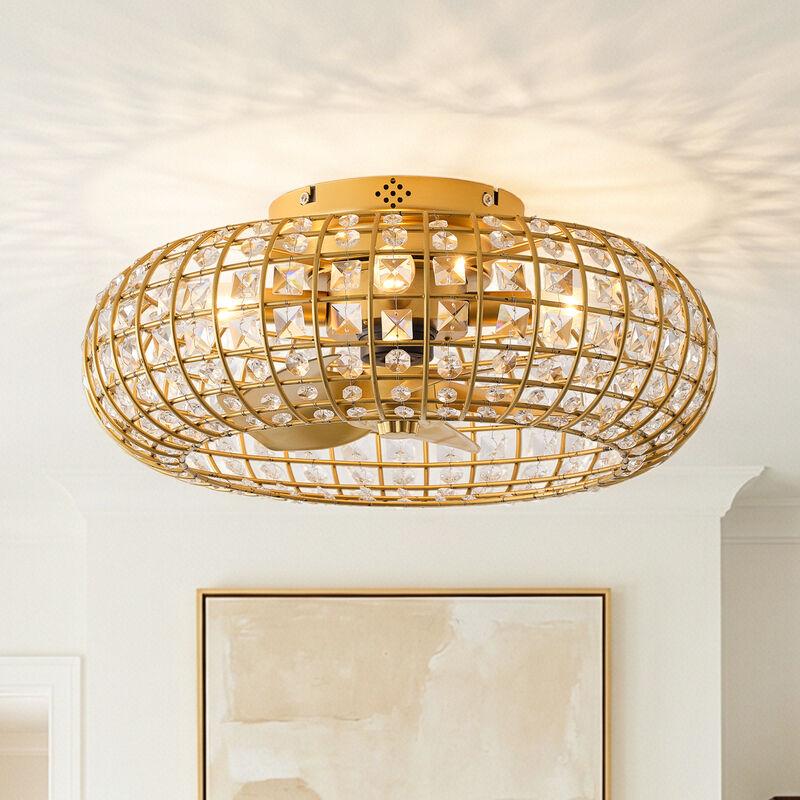 19.7" Modern Gold Crystal Reversible Caged Ceiling Fan with Light and Remote image number 1