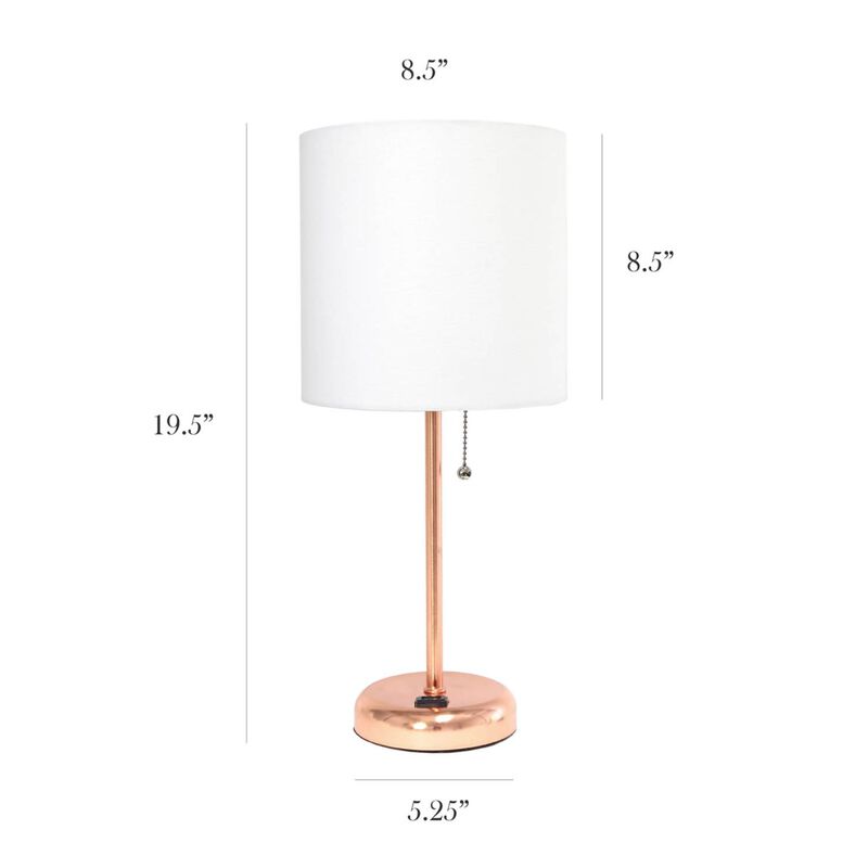 LimeLights Rose Gold Stick Lamp with Charging Outlet and Fabric Shade - 2 Pack Set