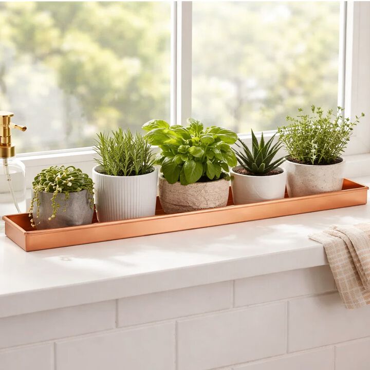 29 Inch Rectangular Metal Windowsill Planter Tray, Trim Edges, Large, Copper