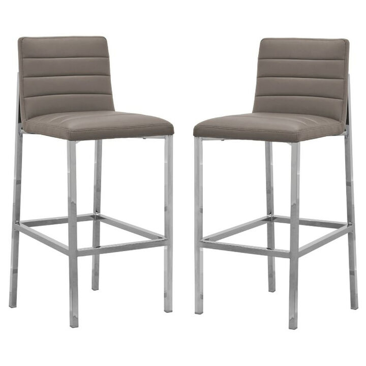 Eun 30 Inch Faux Leather Channel Barstool, Chrome Legs, Set of 2, Gray-Benzara