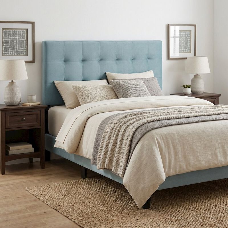 Blue Queen Biscuit Tufted Velvet Headboard Performance Fabric Upholstered image number 3