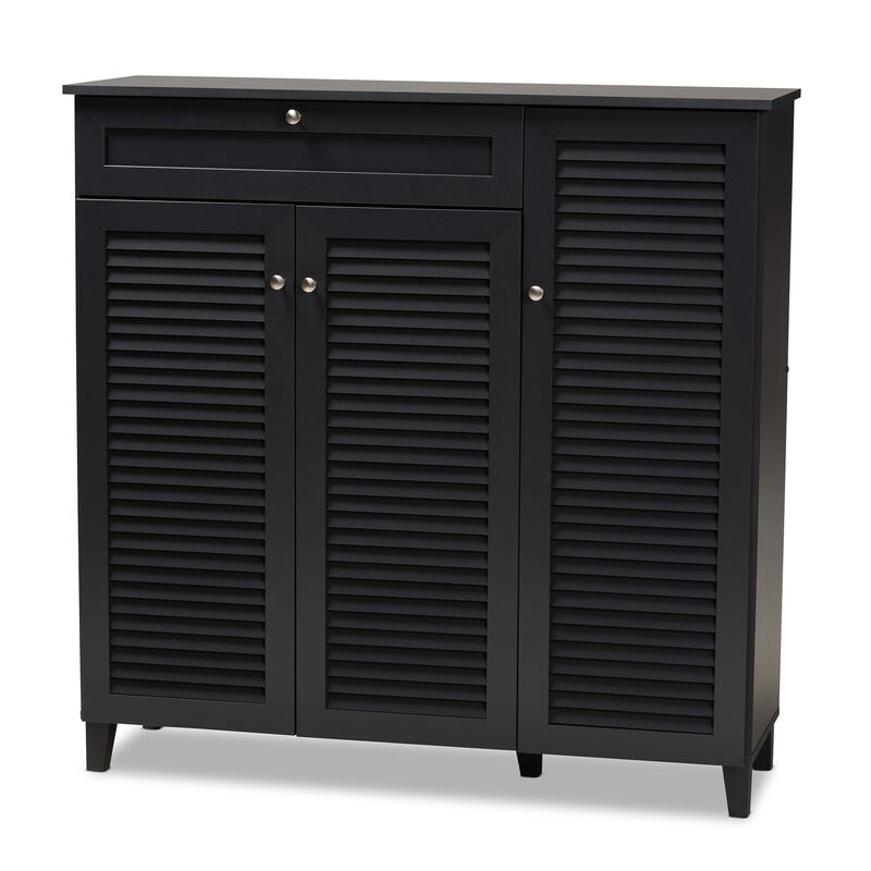 Baxton Studio Coolidge Dark Grey Finished 11 Shelf Wood Shoe Storage Cabinet With Drawer