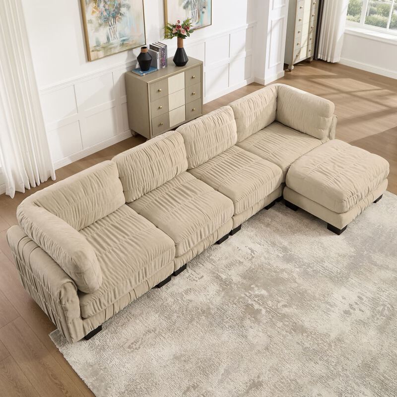 4 seat modular sectional sofa, Chenille L shaped sectional couch with ruched detailing, Modular sectional with movable ottoman image number 3