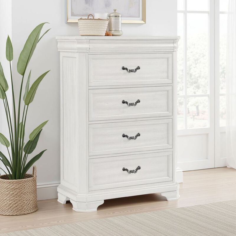 Lynda Tall Dresser Chest, 4 Drawers, Classic White Solid Acacia Wood - Benzara image number 5