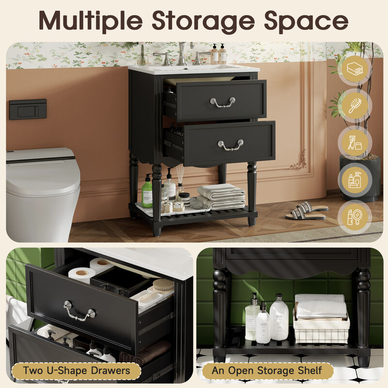 ELEMENT ACE 24 Inch Bathroom Vanity with Ceramic Sink, Bathroom Storage Cabinet with Two Soft-Close Drawers and Open Shelf, Vintage Elegant Wave Design for Bathroom Use image number 6
