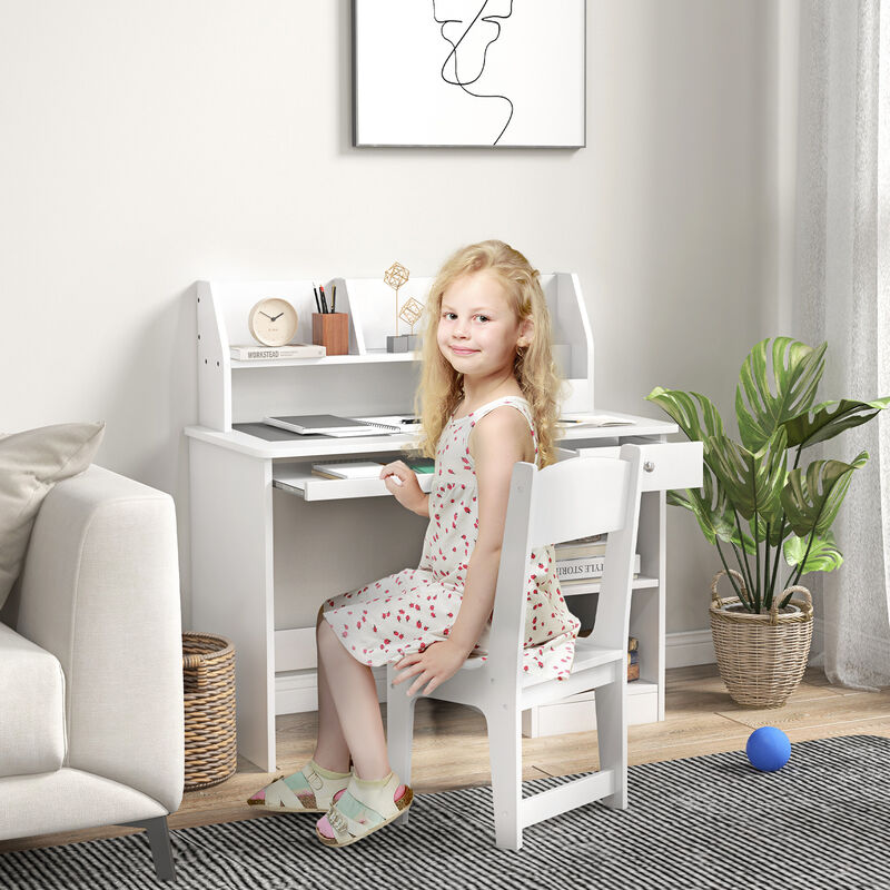Kids Desk and Chair Set 5-8 Year Old with Storage, White