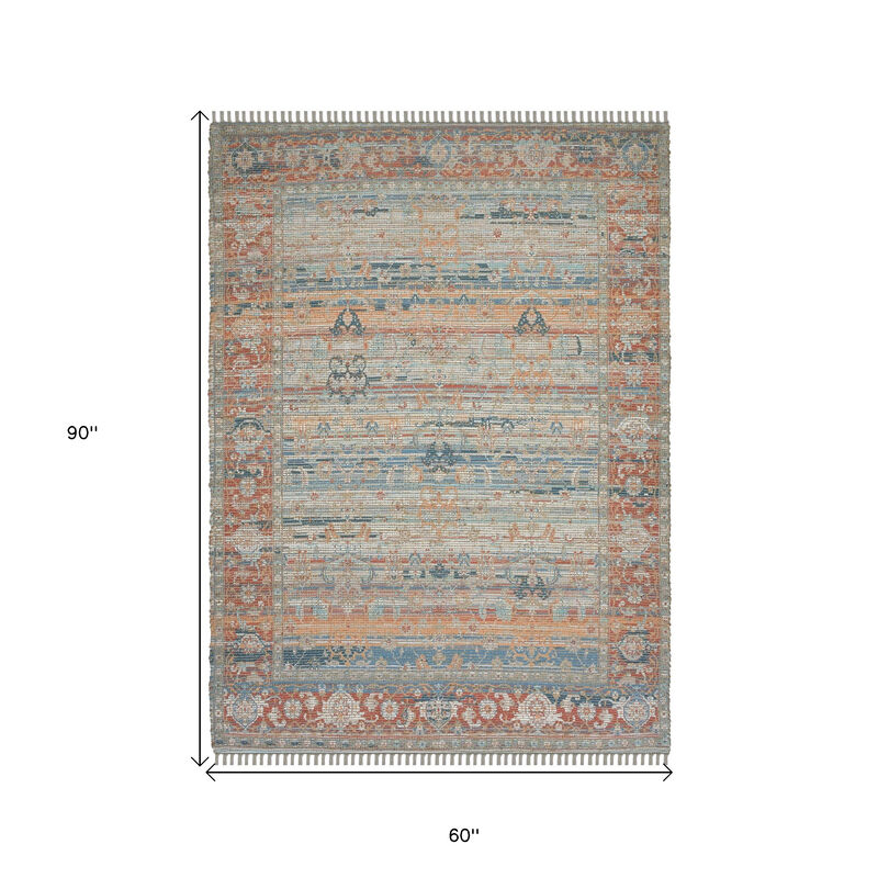 HomeRoots 5' X 7' Blue Brick Red And Ivory Oriental Hand Woven Area Rug With Fringe image number 5