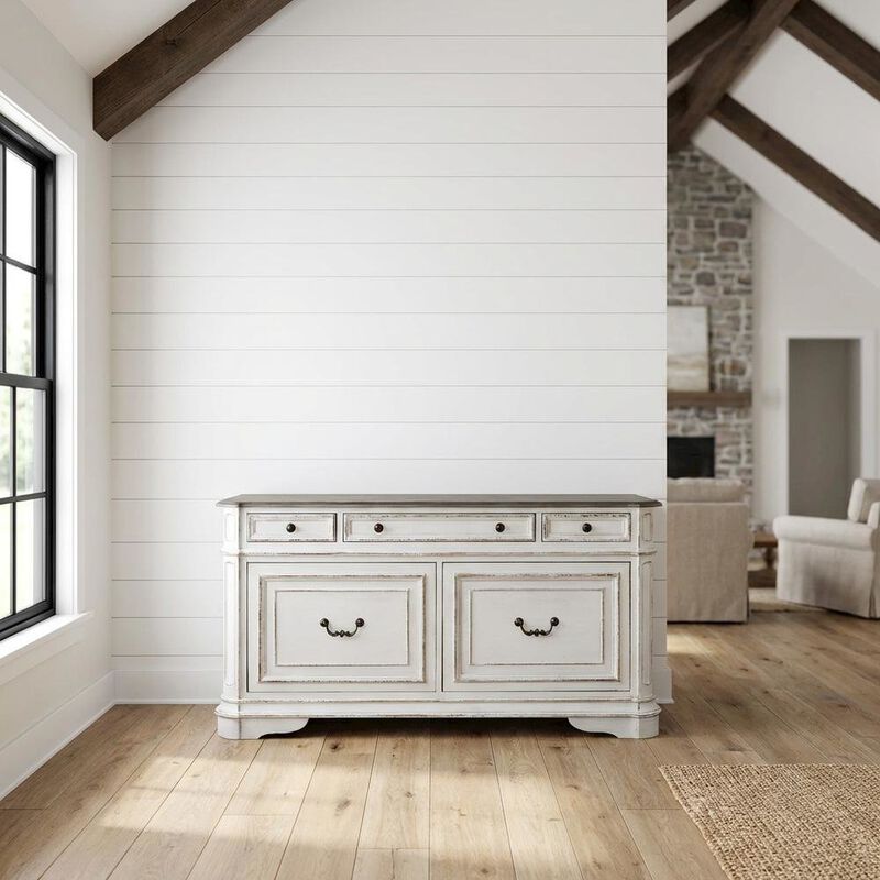 Liberty Furniture Antique White Credenza with Weathered Bark Finish, European Traditional Style image number 1