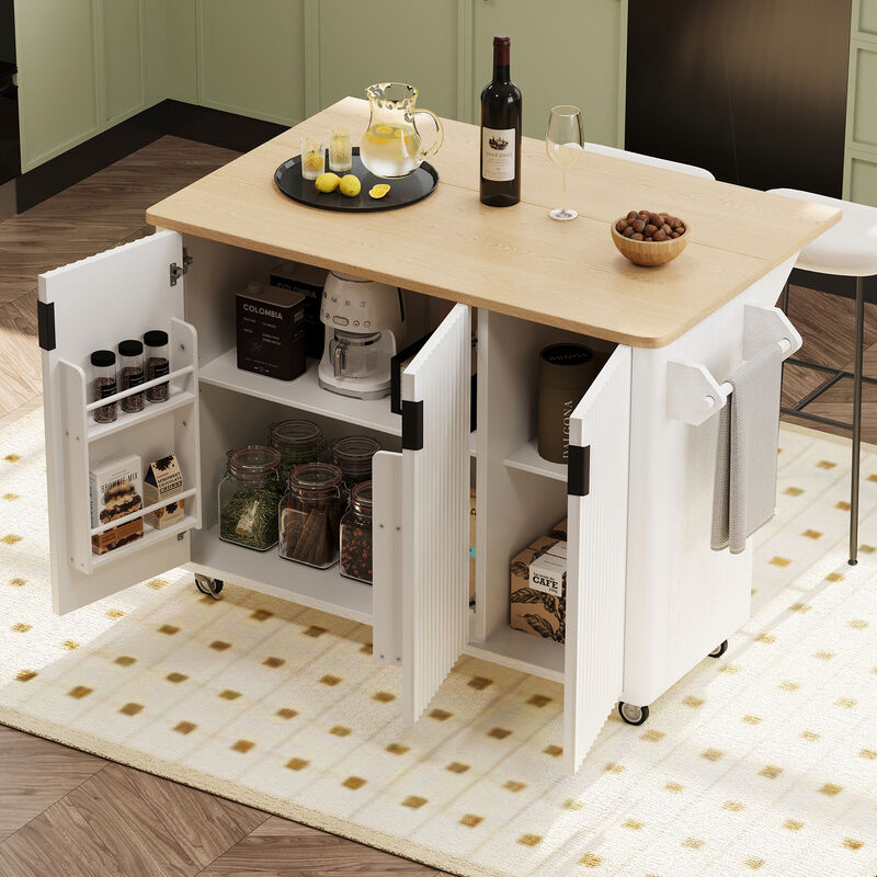 Whisen 51" Farmhouse Kitchen Island on Wheels with 3 Doors, MDF/Pine Wood for Kitchen image number 3