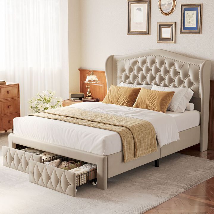 Queen Velvet Upholstered Platform Bed Frame with 52.6" Wingback Tufted Headboard, 2 Storage Drawers