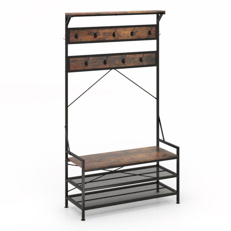 Hivvago Coat Rack 4-In-1 Hall Tree with 11 Hanging Hooks Shoe Bench