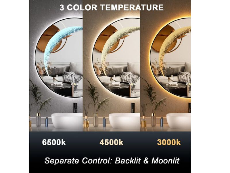 30" Black LED Mirror &ndash; Half Moon Light, Anti-Fog, Dimmable Decor