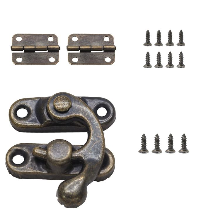 Kyuionty Antique Bronze Right Latch Hook Hasp, Small Box Hinges and Retro Latch Lock for Decorative Cabinet Small Wooden Jewelry