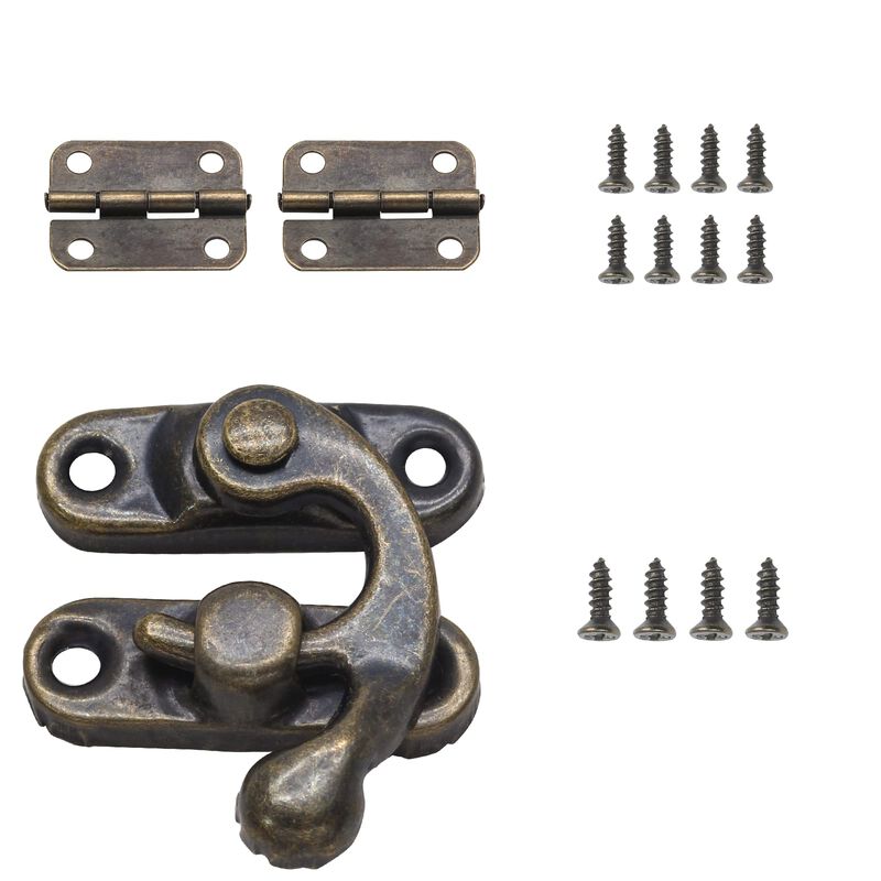 Kyuionty Antique Bronze Right Latch Hook Hasp, Small Box Hinges and Retro Latch Lock for Decorative Cabinet Small Wooden Jewelry