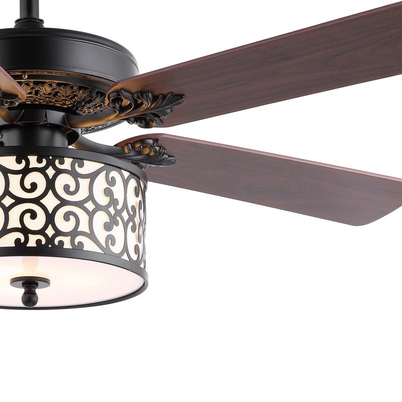 Paolo 52" 3-Light Farmhouse Industrial Iron Scroll Drum Shade LED Ceiling Fan With Remote, Black/White