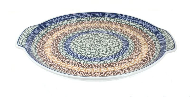 Blue Rose Polish Pottery Peacock Swirl Round Serving Tray with Handles
