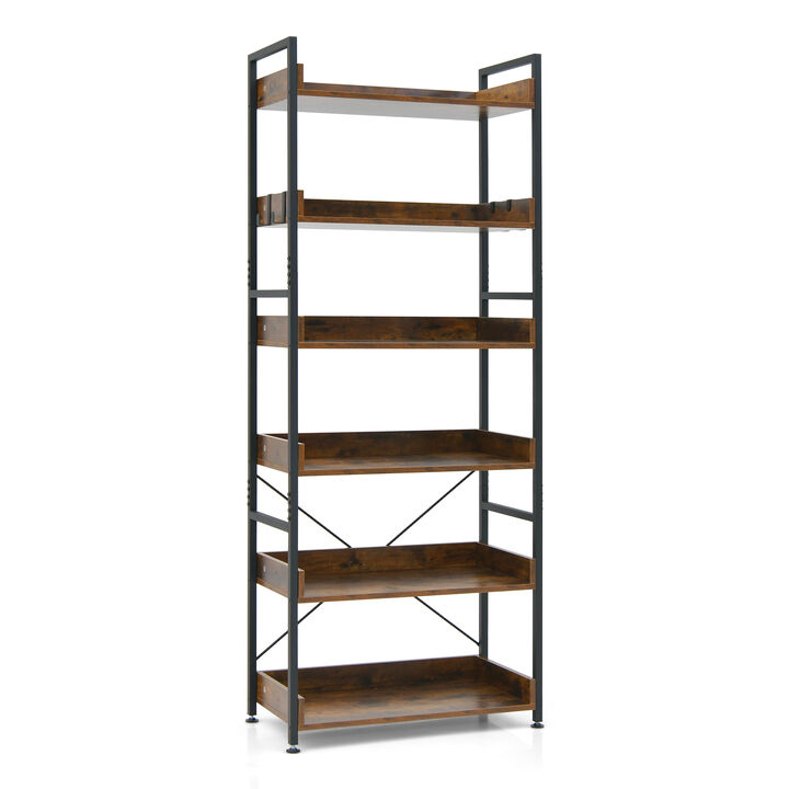 6-Tier Tall Industrial Bookcase with Open Shelves and 4 Hooks