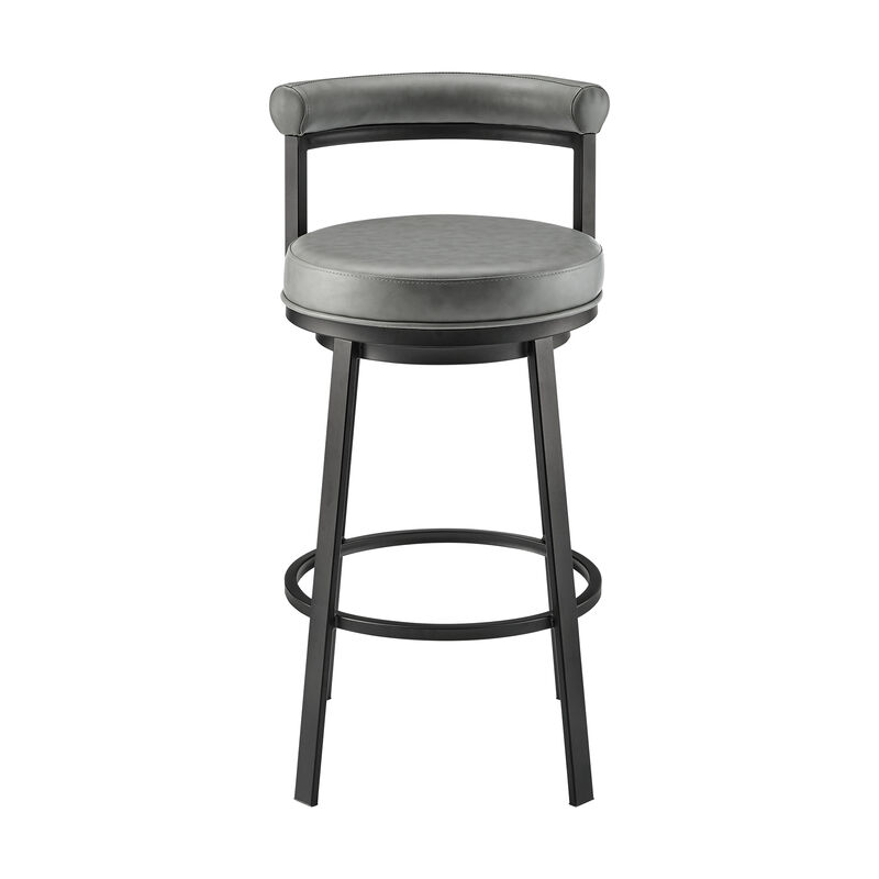 Elysha 30 Inch Swivel Bar Stool Chair, Round Cushion, Gray Faux Leather-Benzara