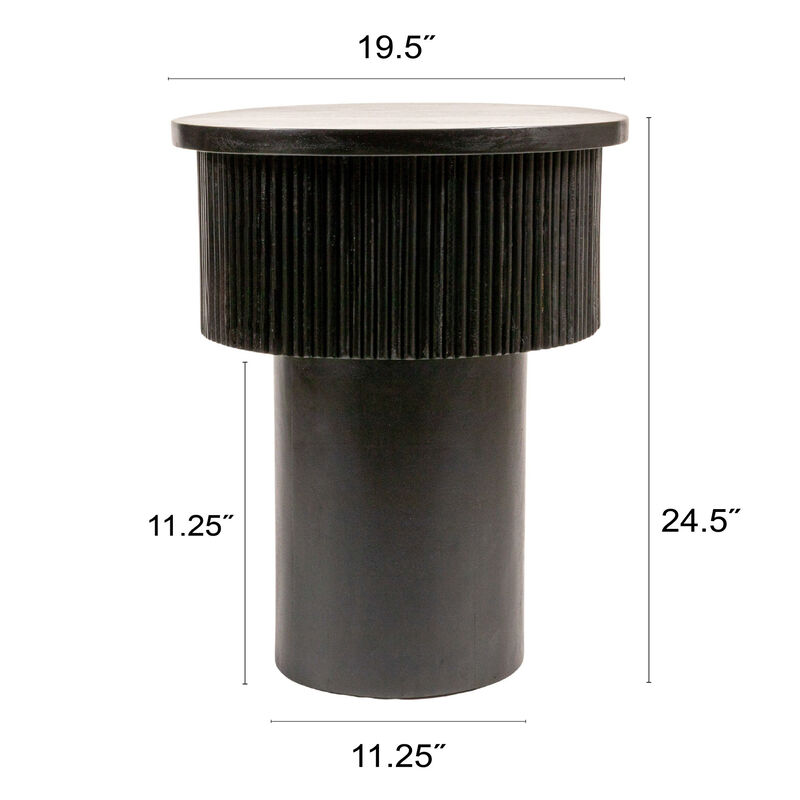 Round Mango Wood Tiered Pedestal Side Table with Ribbed Details, Black image number 2