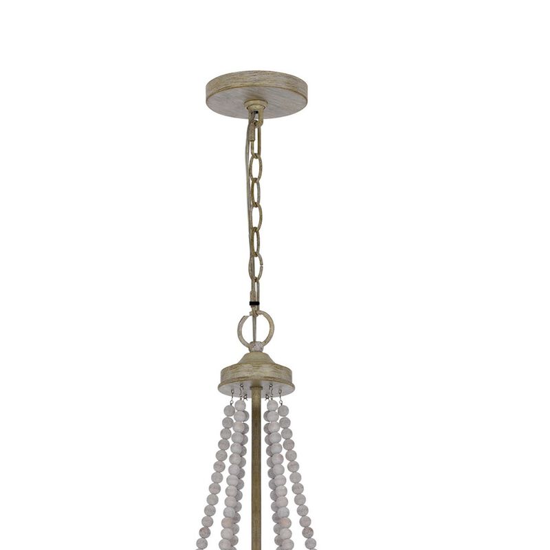 Maci 28 Inch Chandelier, White Beaded Candelabra Design, Brown Wood - Benzara