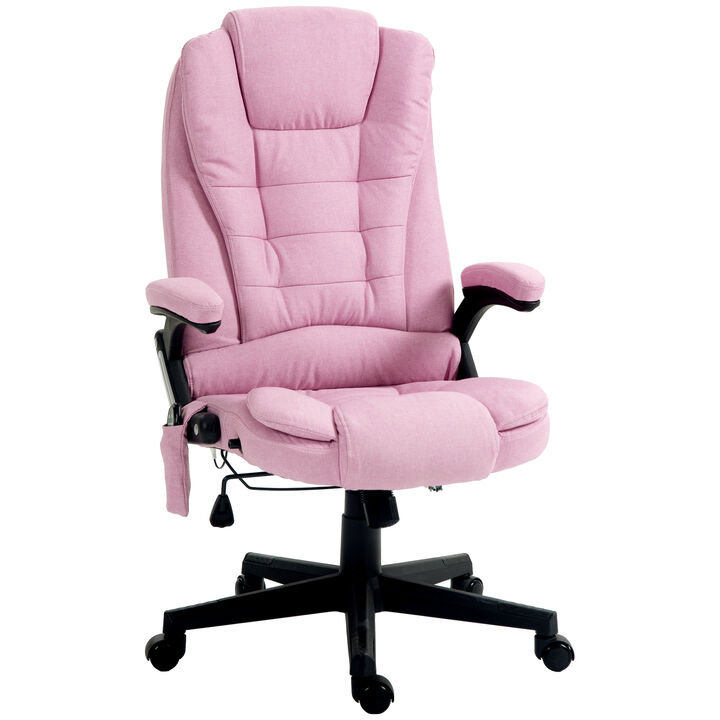 HOMCOM 6 Point Vibrating Massage Office Chair with Heat, Linen High Back Executive Office Chair with Reclining Backrest, Padded Armrests and Remote, Pink