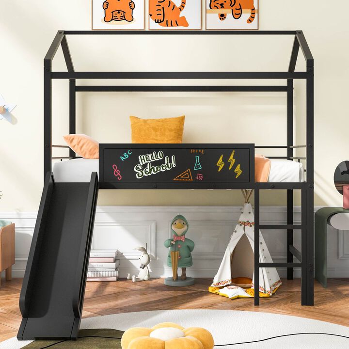 Metal House Bed With Slide, Twin Size Metal Loft Bed with Two-sided writable Wooden Board (Black )