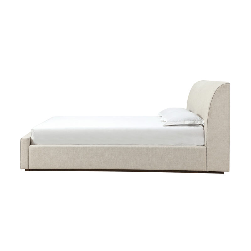 Reza Queen Size Platform Bed, Sleigh Headboard, Low Profile, Beige Linen - Benzara